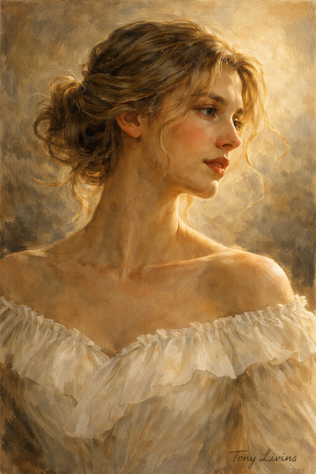 Golden Reverie by Tony Livins, contemporary figurative portrait painting in impressionistic realism