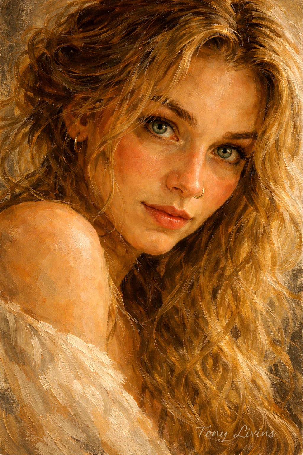 Ember Gaze by Tony Livins, expressive contemporary figurative portrait painting