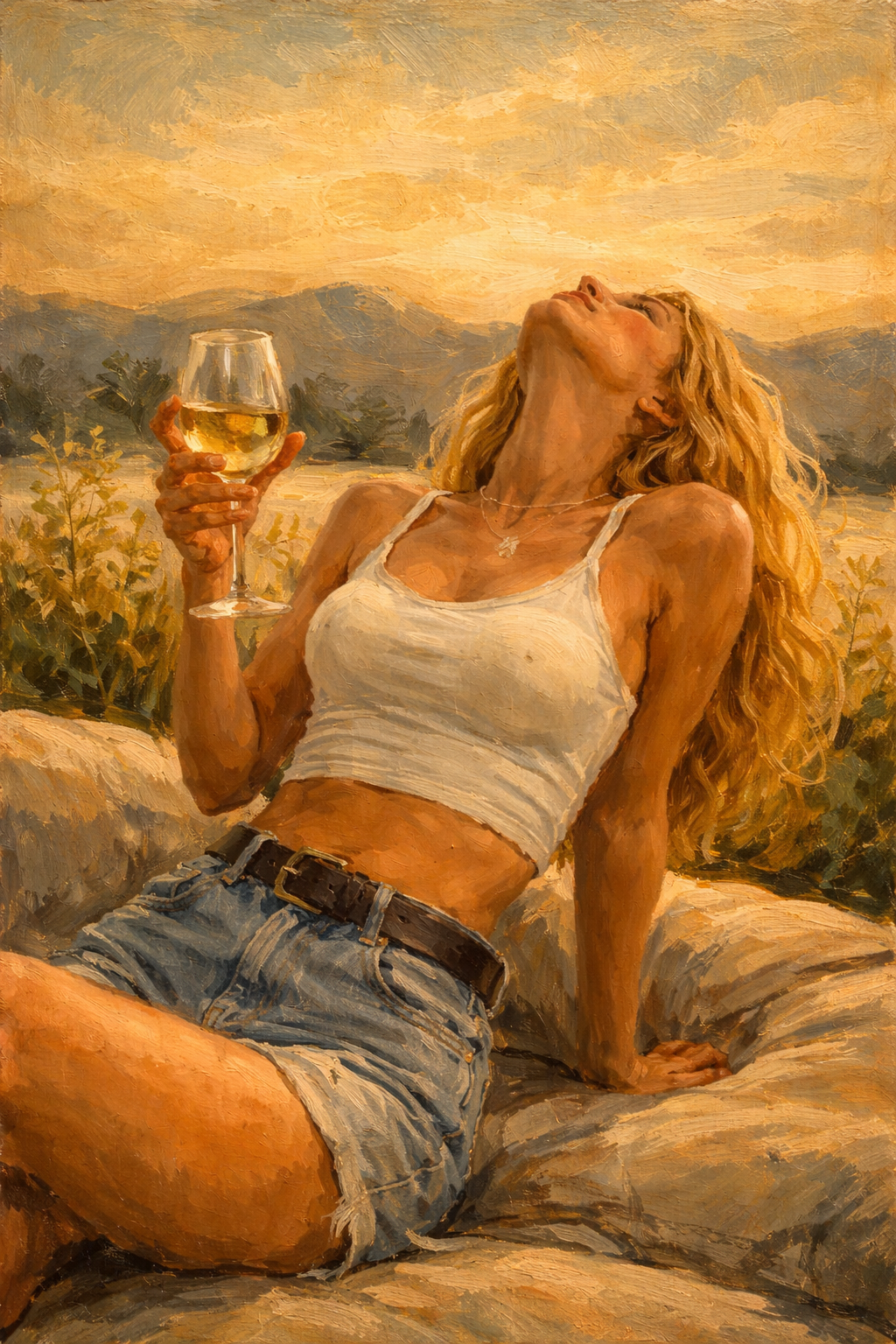 Golden Pause by Tony Livins, impressionistic figurative painting in warm landscape
