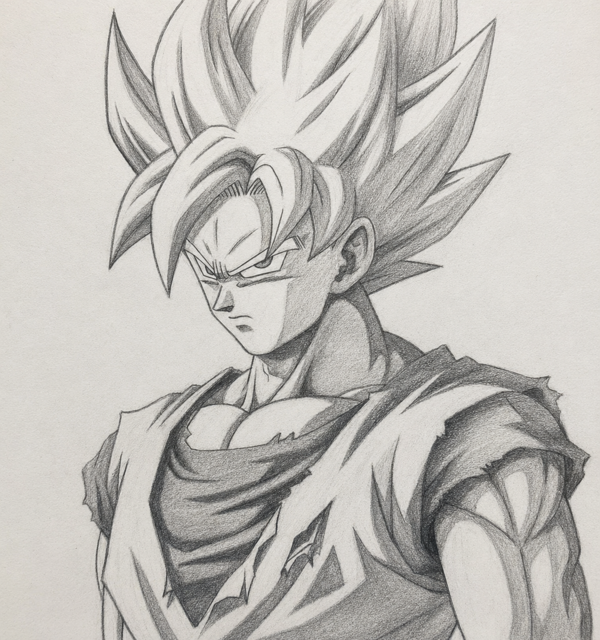 Graphite art of battle-worn Super Saiyan Goku