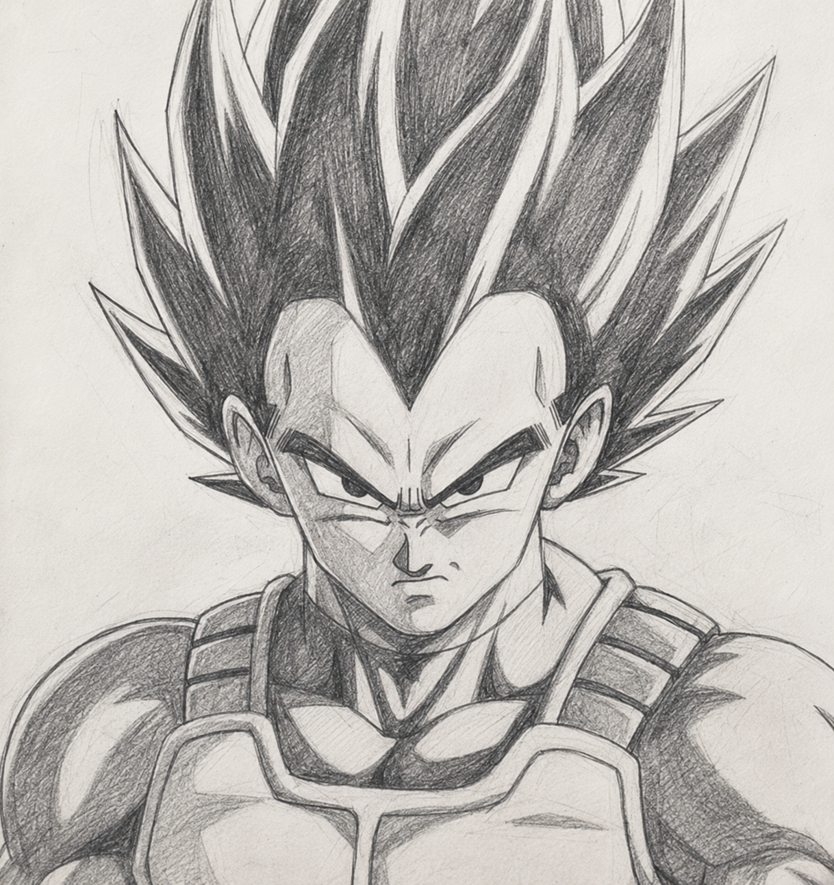 Graphite fan-art portrait of Vegeta wearing Saiyan armour