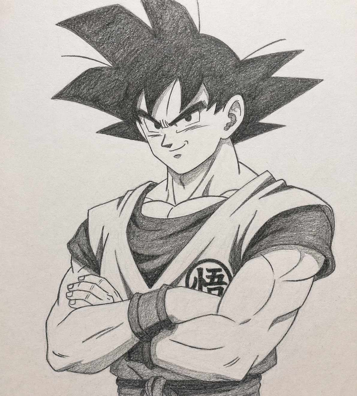 Graphite art of Goku standing with folded arms