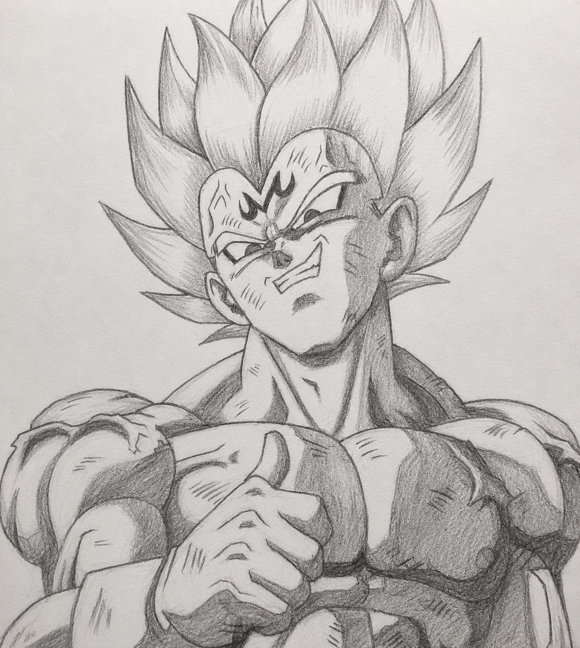 Graphite art of injured Majin Vegeta looking upward