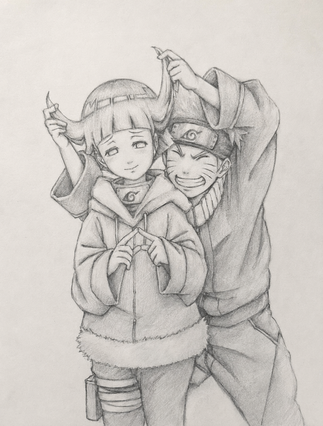 Graphite Naruto art showing Naruto playfully lifting Hinata's hair