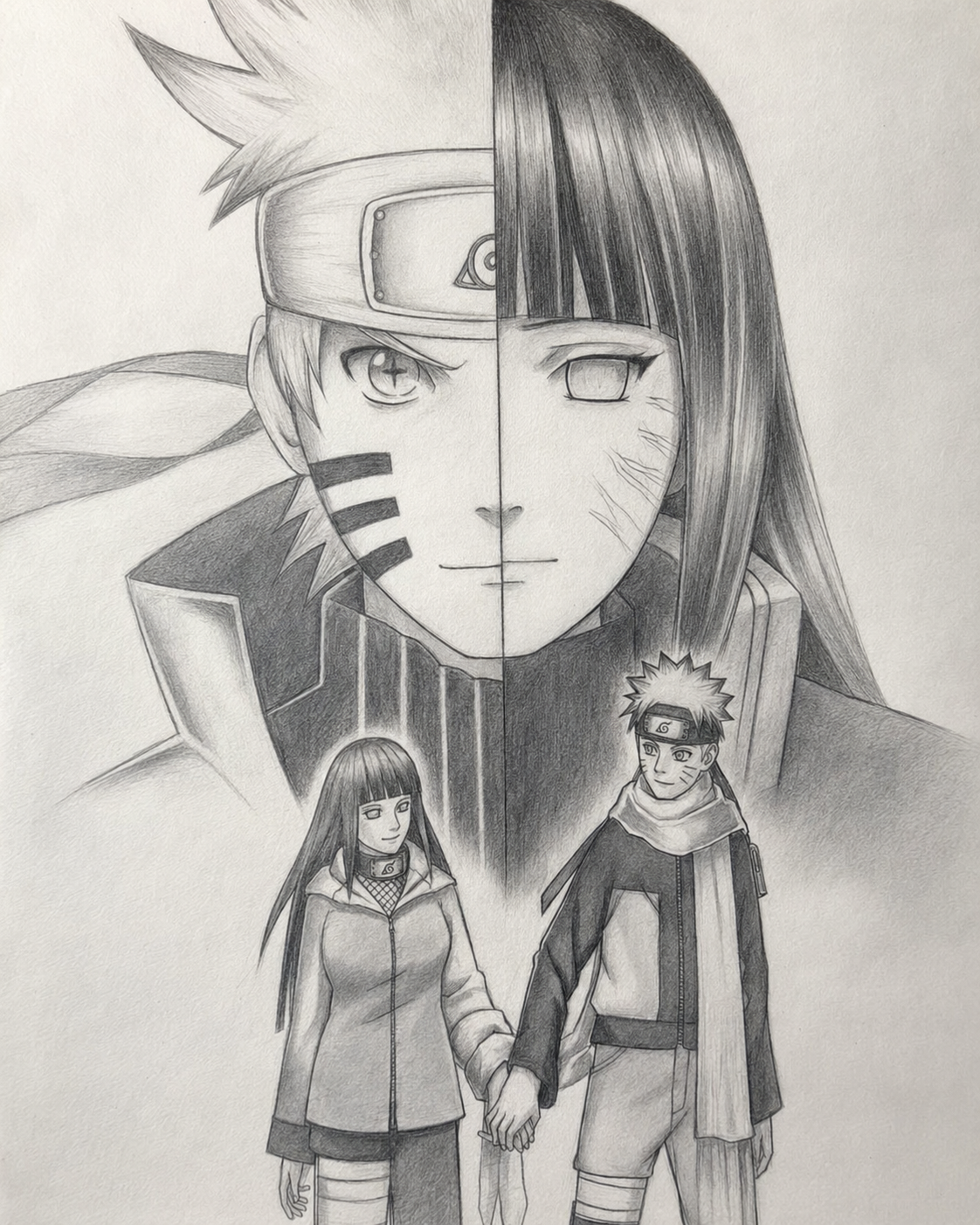 Split graphite portrait of Naruto Uzumaki and Hinata Hyuga with the pair holding hands below