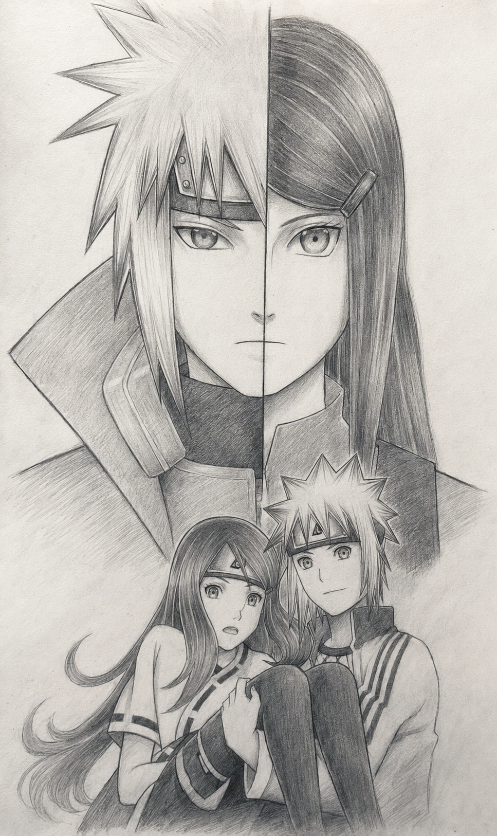 Two-part graphite Naruto composition featuring Minato Namikaze and Kushina Uzumaki
