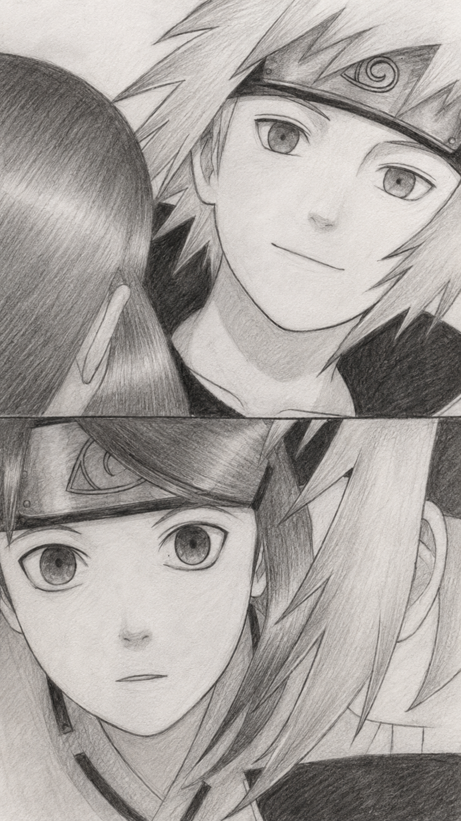 Graphite split portrait of Minato Namikaze and Kushina Uzumaki with Minato holding Kushina below