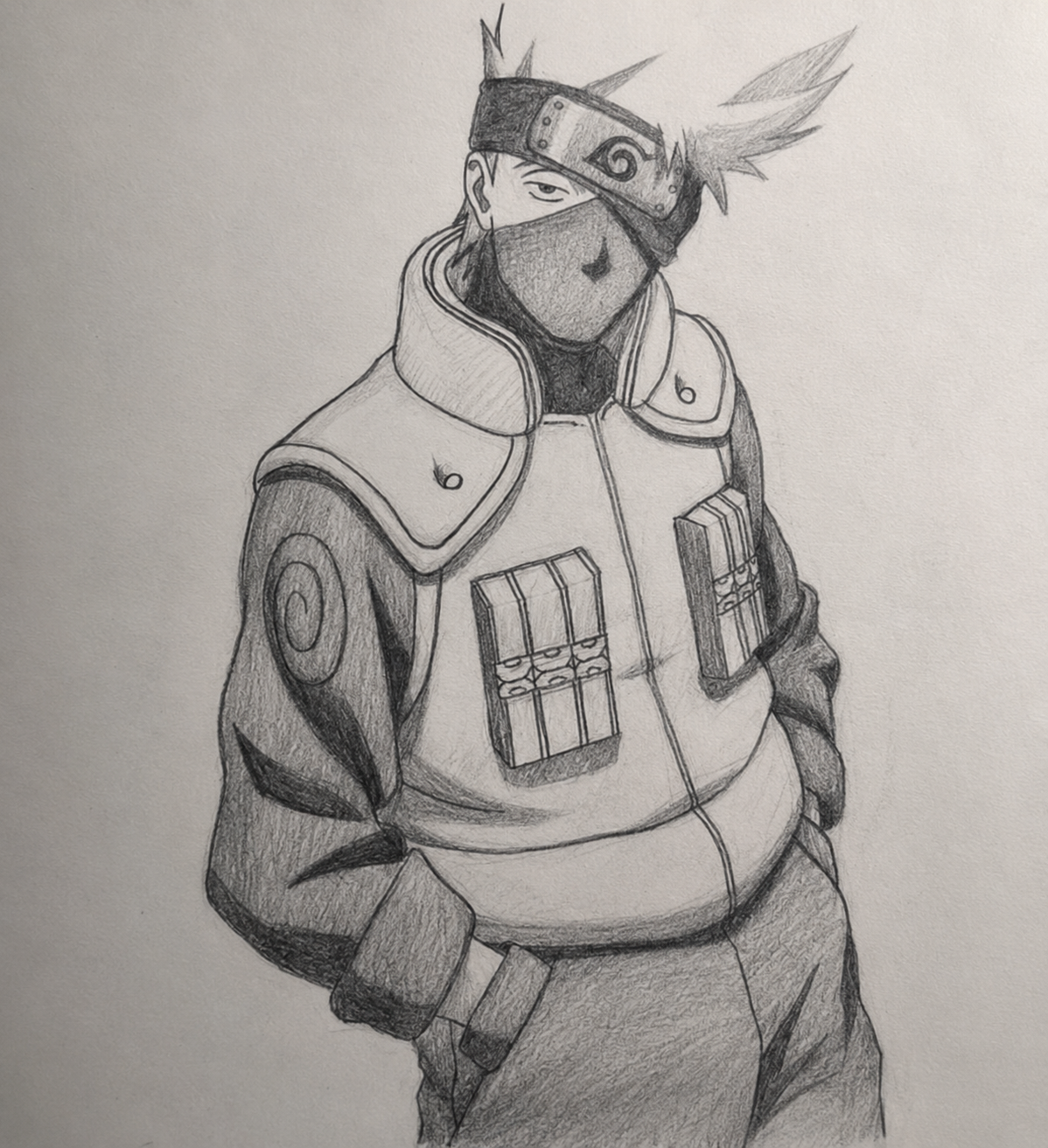 Graphite portrait of Kakashi Hatake standing with his hands in his pockets