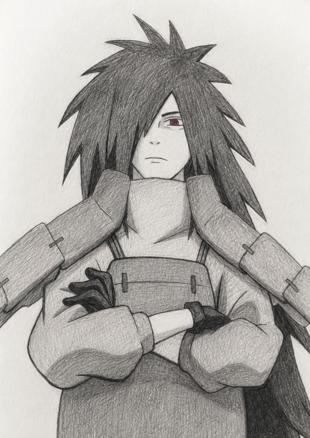The Red Gaze, a Madara Uchiha graphite drawing with a red eye by Tony Livins