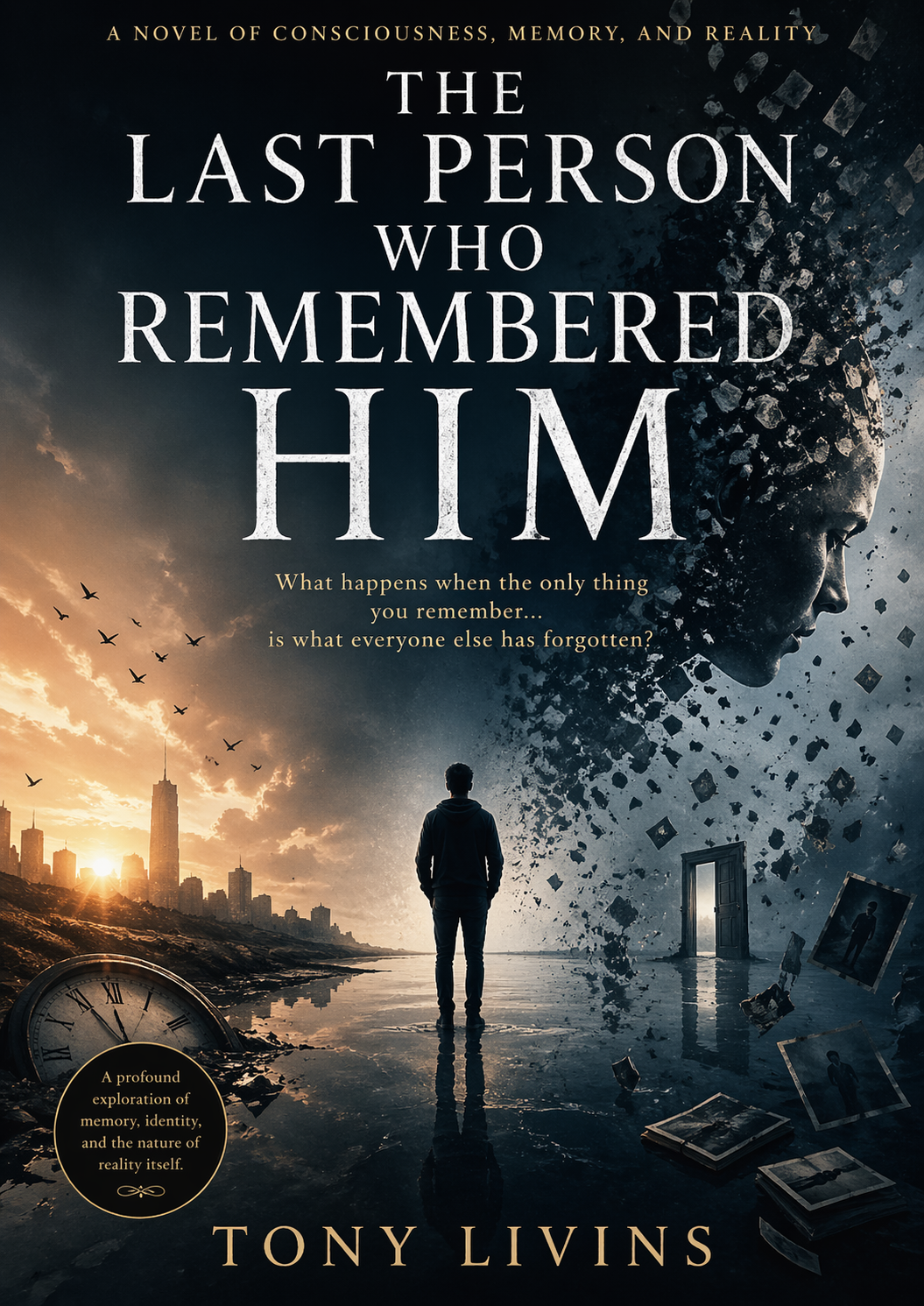 The Last Person Who Remembered Him novel cover by Tony Livins. A philosophical novel about consciousness, memory, reality, and identity.