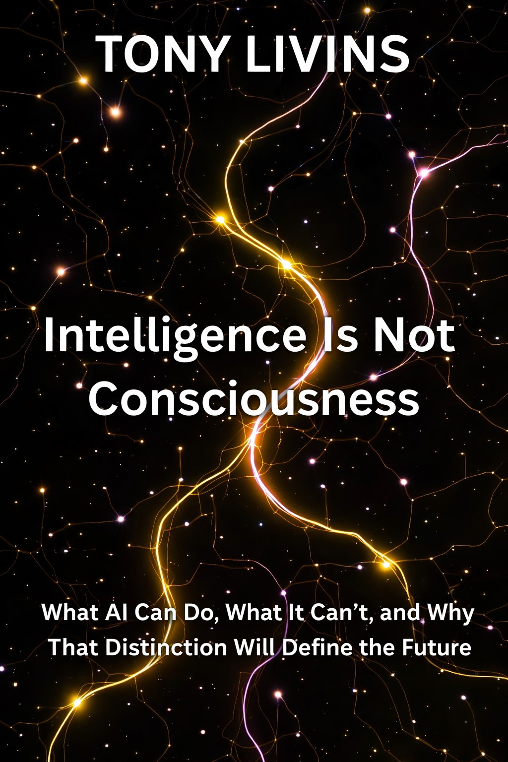 Intelligence Is Not Consciousness book cover by Tony Livins. A book about AI consciousness, philosophy of mind, and the limits of computation.