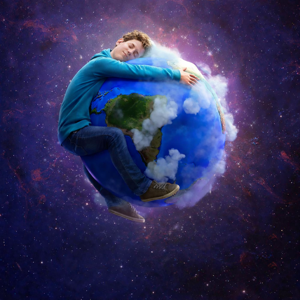 A person embracing the Earth, symbolising care for humanity and the planet